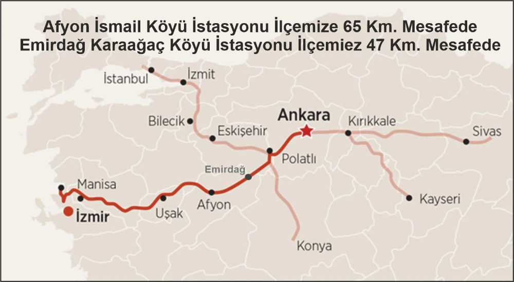 Hızlı Tren İstasyonu İlçemize Emirdağ 47, Afyon 65 Km. Mesafede