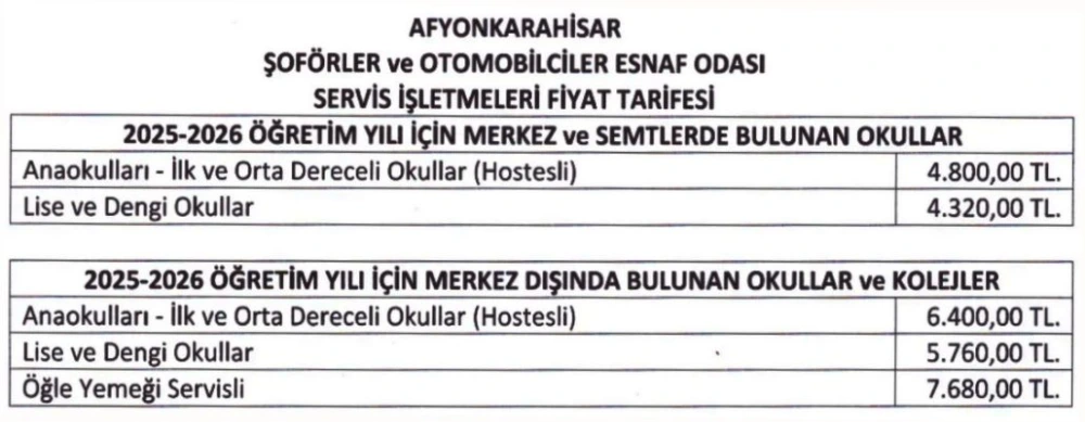 Afyon’da Servis Ücretlerine % 60 Oranında Zam Yapıldı